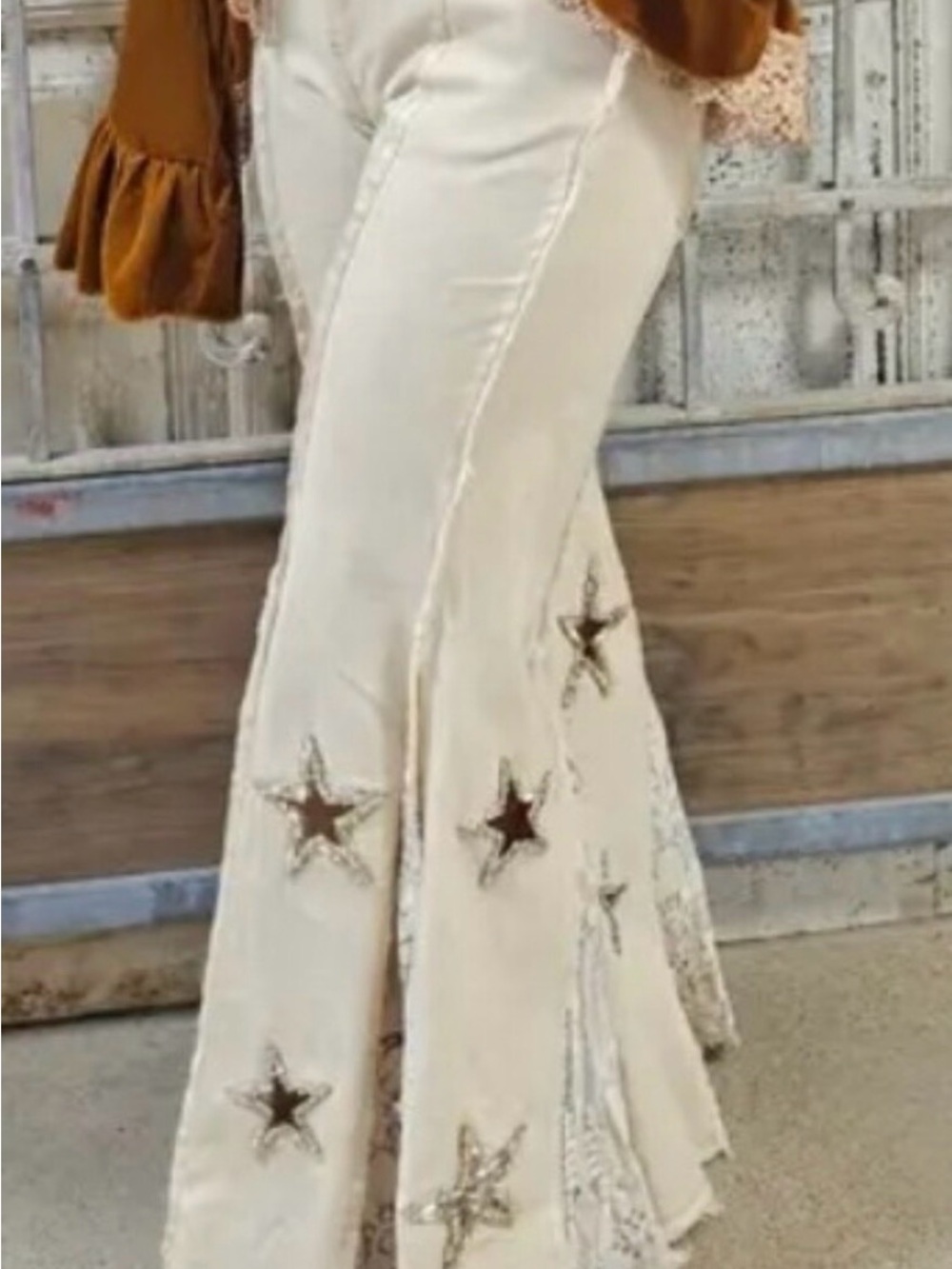 Cream Star-Embellished Wide leg Pants